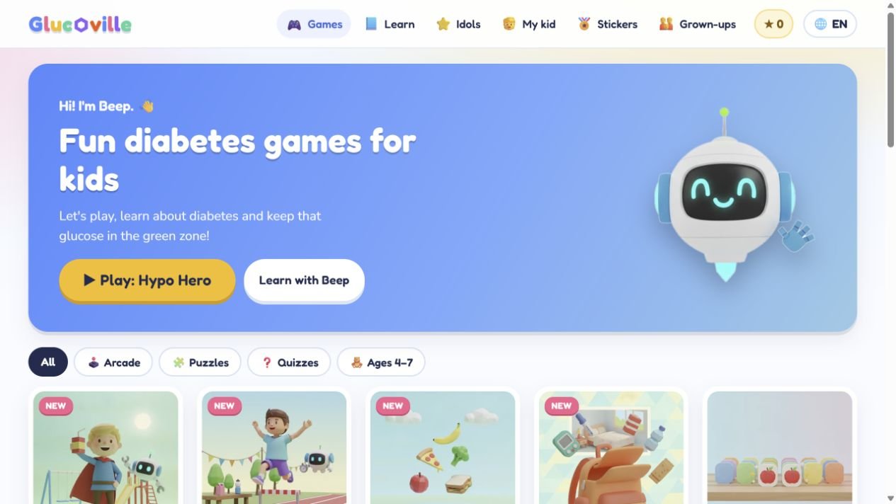 Glucoville website showing its educational games for children with diabetes