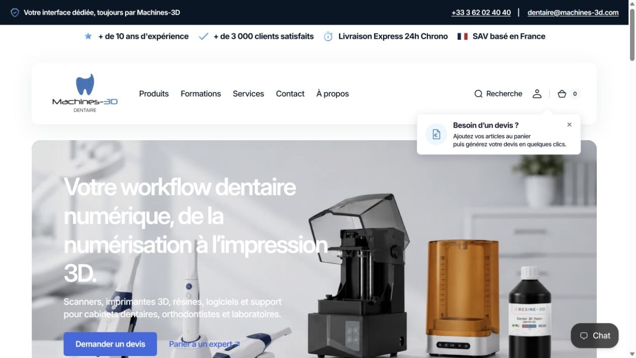 Machines-3D Dentaire website with audience-specific journeys and digital workflow information