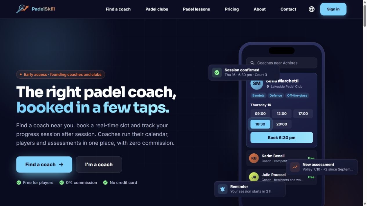 PadelSkill website in English showing coaching bookings and player progress